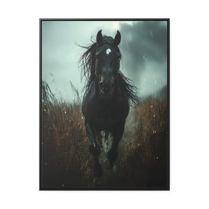 A powerful black horse gallops through a rain-soaked field, its mane flowing wildly, with a stormy sky and dark clouds in the background, captured in dramatic detail on a framed gallery canvas.