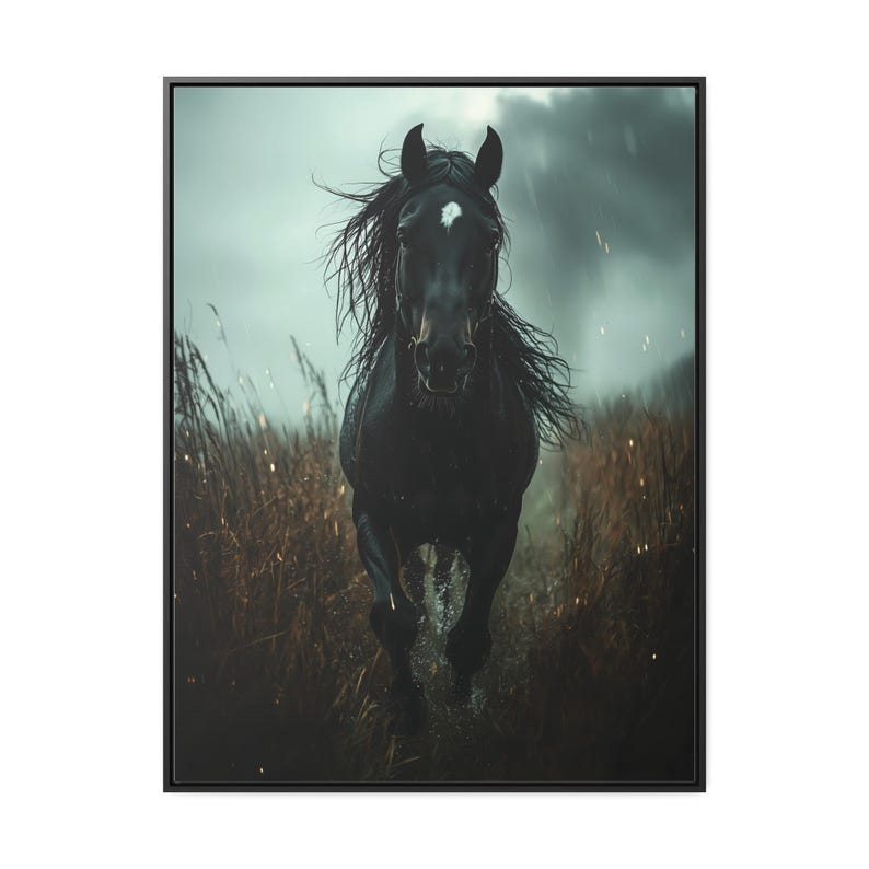 A powerful black horse gallops through a rain-soaked field, its mane flowing wildly, with a stormy sky and dark clouds in the background, captured in dramatic detail on a framed gallery canvas.