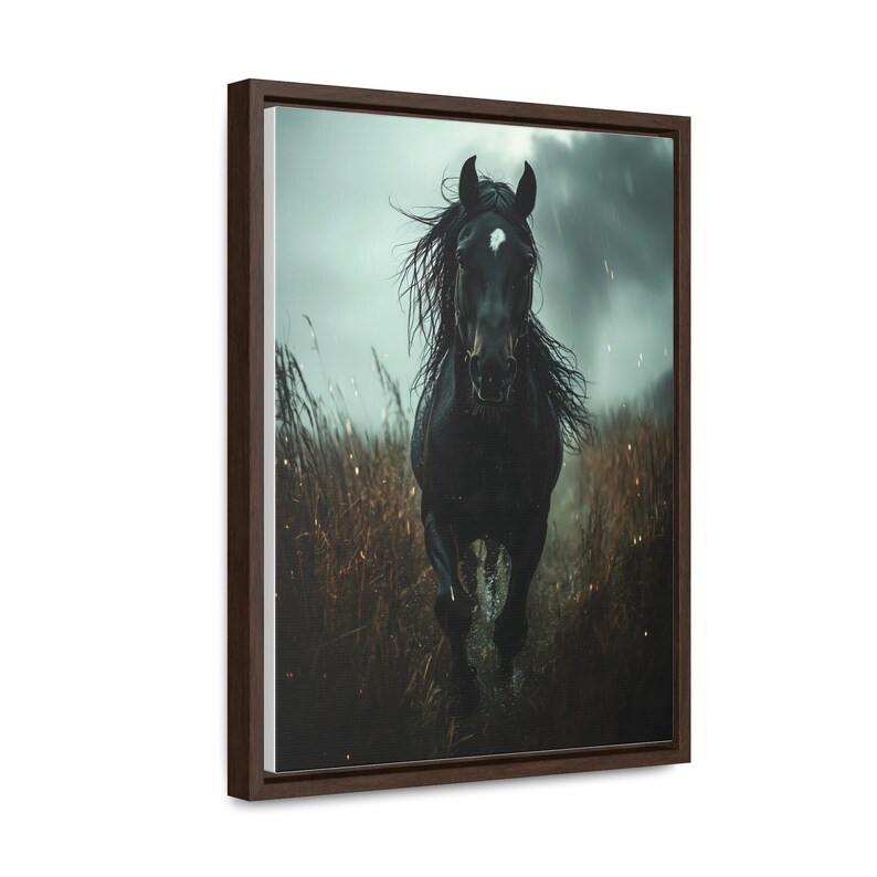 A powerful black horse gallops through a rain-soaked field, its mane flowing wildly, with a stormy sky and dark clouds in the background, captured in dramatic detail on a framed gallery canvas.