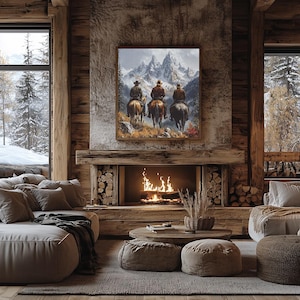 Framed Canvas Art of Cowboys on Horseback | Western Frontier Wall Décor | Rustic Cowboy Mountain Landscape | Perfect for Farmhouse or Cabin