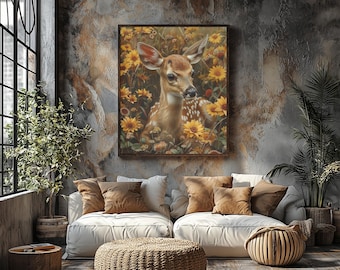 Uroczy jelonek w polnych kwiatach | Canvas Gallery Wrap Wildlife Art Print