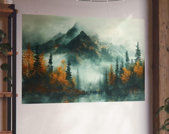 Jesienna scena górska, wydruk artystyczny: plakat artystyczny Giclée