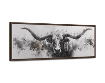 Longhorn Watercolor Art - Gallery Canvas Wrap, rama pozioma | Wykończenie w kolorze czarnym lub orzechowym