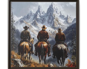 Cowboy Mountain Landscape Framed Canvas Art, Rustic Western Wall Decor