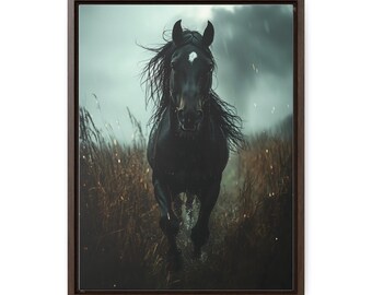 Stormy Night Gallop - Majestic Black Horse Framed Gallery Canvas Art | Dekoracja ścienna w stylu jeździeckim, rustykalna sztuka w stylu wiejskim, styl zachodni