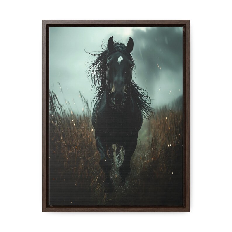 A powerful black horse gallops through a rain-soaked field, its mane flowing wildly, with a stormy sky and dark clouds in the background, captured in dramatic detail on a framed gallery canvas.