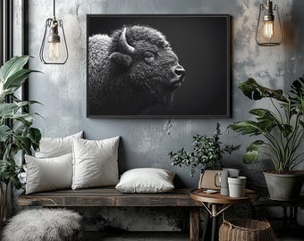Oprawione płótno „Bison”: Rustykalna, wiejska, czarno-biała sztuka ścienna