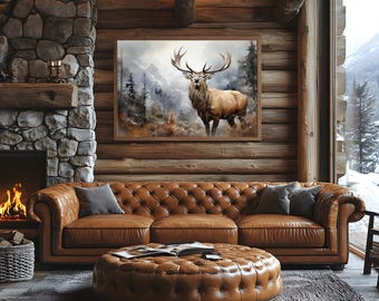 Obraz w ramie Elk Summit: rustykalna sztuka ścienna z motywem dzikiej przyrody górskiej