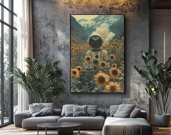 Słonecznikowy astronauta – matowy plakat pionowy | Surrealistyczny wystrój inspirowany kosmosem, nowoczesne abstrakcyjne dzieło sztuki