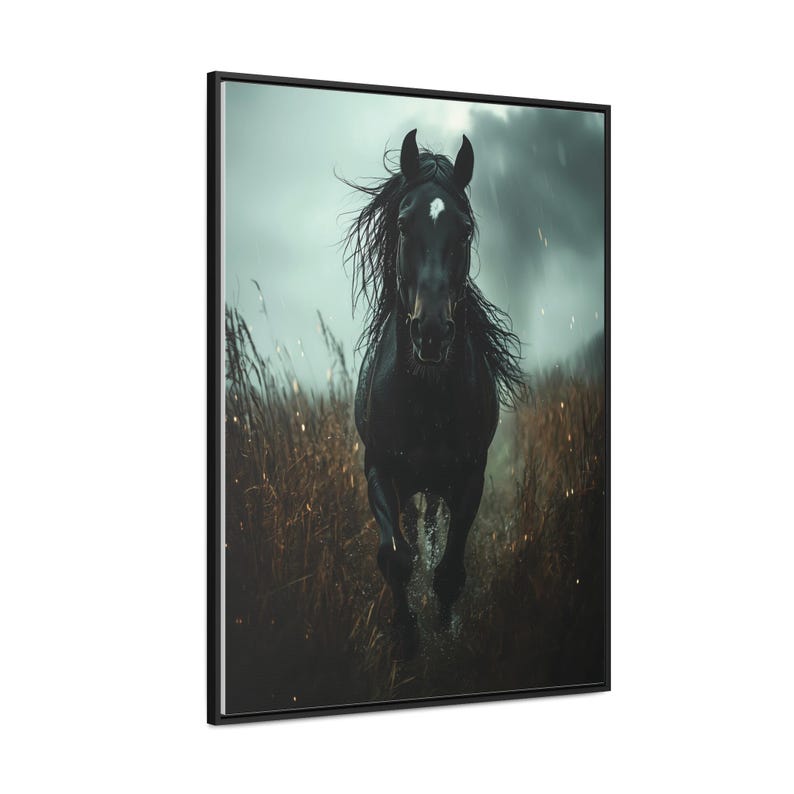 A powerful black horse gallops through a rain-soaked field, its mane flowing wildly, with a stormy sky and dark clouds in the background, captured in dramatic detail on a framed gallery canvas.