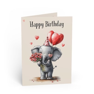 Tarjeta de cumpleaños de elefante / Lindo elefante con flores y globos de corazón