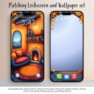Pode incluir: Duas telas de smartphone exibindo um conjunto de tela de bloqueio e papel de parede correspondentes. A tela de bloqueio mostra uma sala aconchegante com lareira, livros e uma janela. O papel de parede apresenta um céu azul com folhas de outono. Texto: "Matching Lockscreen and Wallpaper set."