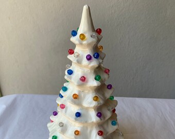 Light Up Christmas Small (9" on stand) Glossy White Ceramic Tree with flat Glossy w/round base Multi-colored lights w/light cord and bulb