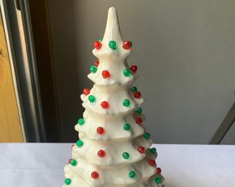 Christmas Small Glossy White Ceramic Tree with green and red colored lights with light cord and bulb