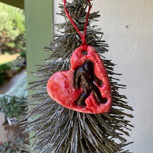 Ceramic red Big Foot Sasquatch flat heart shaped ornament Valentines