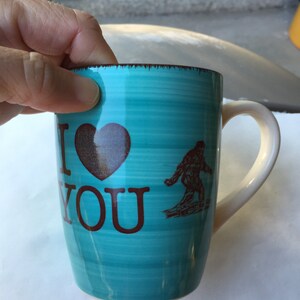 Valentine's Day Sasquatch I Heart You Touquoise Blue and Cream Colored Porcelain 12 oz. Coffee Cup image 2
