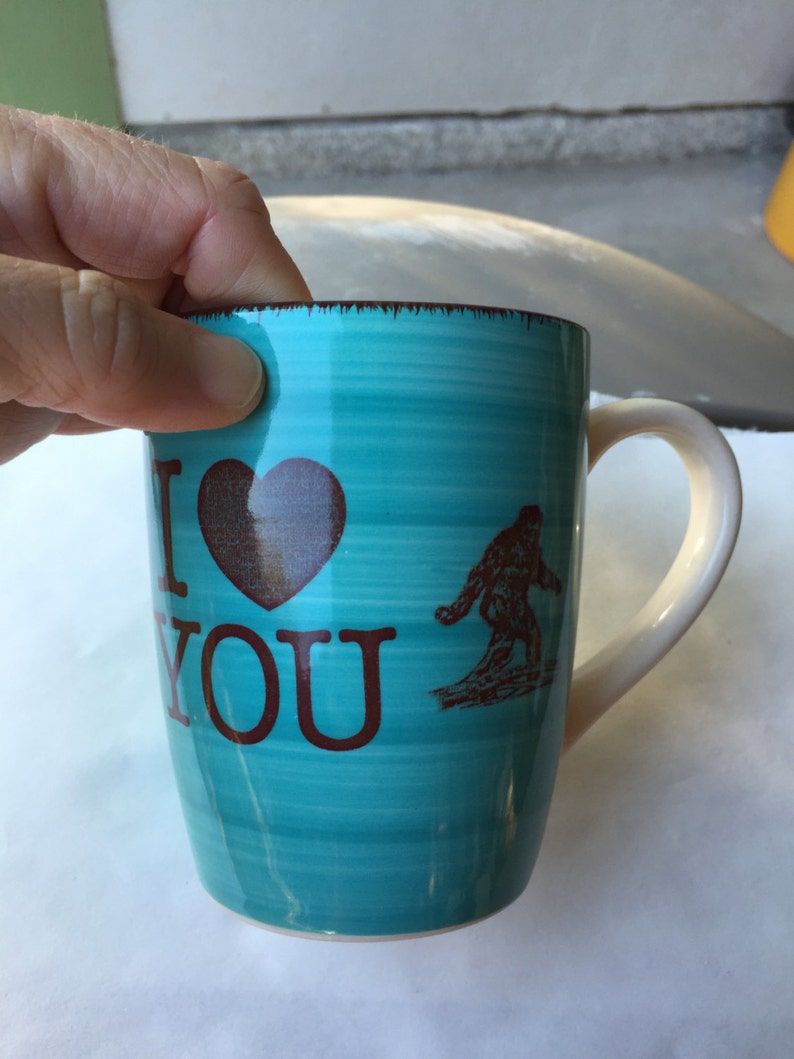 Valentine's Day Sasquatch I Heart You Touquoise Blue and Cream Colored Porcelain 12 oz. Coffee Cup image 2