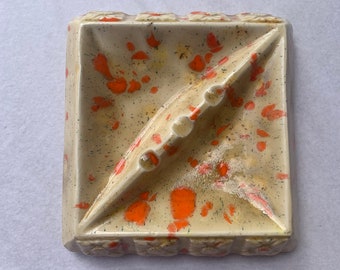 Ceramic vintage molded square ashtray candy dish Tan with orange crystal glaze speckles with flower edge design cigars cigarettes candy dish