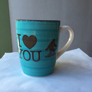 Valentine's Day Sasquatch I Heart You Touquoise Blue and Cream Colored Porcelain 12 oz. Coffee Cup image 1