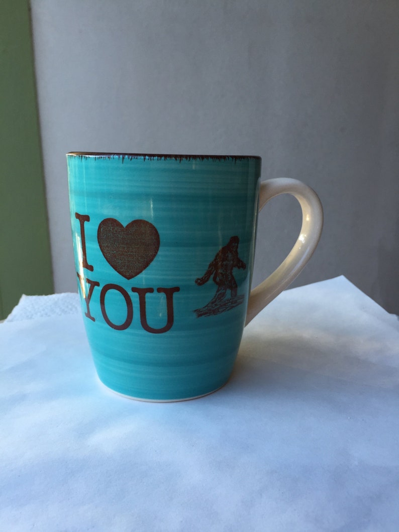 Valentine's Day Sasquatch I Heart You Touquoise Blue and Cream Colored Porcelain 12 oz. Coffee Cup image 1