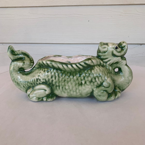 Year of the dragon 2024 Medium antiqued green glazed ceramic dragon planter pot with small drain hole