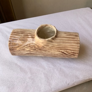 Small vintage mold poured brown ceramic log planter one drain hole small cacti succulents