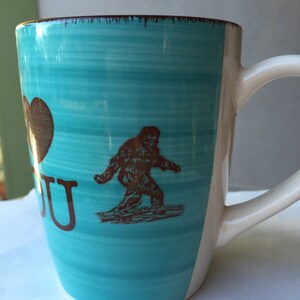 Valentine's Day Sasquatch I Heart You Touquoise Blue and Cream Colored Porcelain 12 oz. Coffee Cup image 3