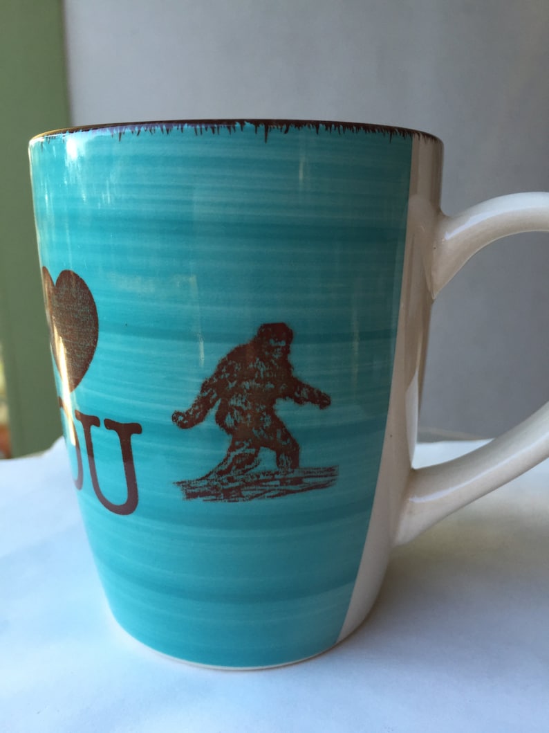 Valentine's Day Sasquatch I Heart You Touquoise Blue and Cream Colored Porcelain 12 oz. Coffee Cup image 3