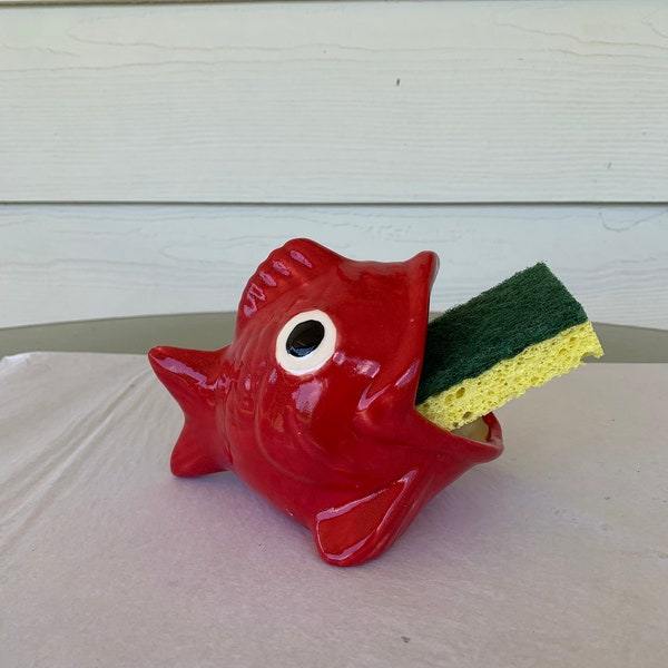 Small ceramic red fish Brillo soap holder poured from vintage mold for bath kitchen