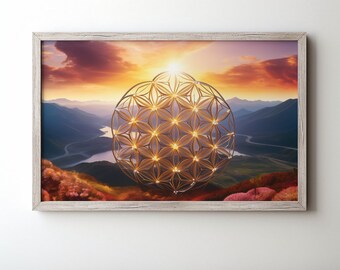 Printable Flower of Life Artwork, Golden Hour in the Mountain Ranges, Sacred Geometry Art Print, Digital Download