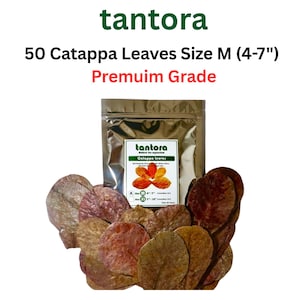 May include: A package of 50 Catappa leaves, size M (4-7 inches), with the brand name "tantora" in green text. The leaves are various shades of brown and red. The package is silver with a label that reads "tantora Catappa leaves".