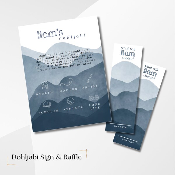 Customized Dohljabi Digital Template | Modern Mountains Dohljabi Sign & Dohljabi Raffle Tickets | Traditional Korean First Birthday Dohl Dol