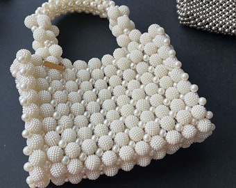 Sac à main en perles blanches - Porte-monnaie en perles fait main pour la fête des mères ou un cadeau de mariage - Sac de luxe élégant