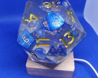 Handmade d20 Resin Dice Lamp: DnD / TTRPG Multicolored Light with Dice Captured/Enclosed/Trapped Inside