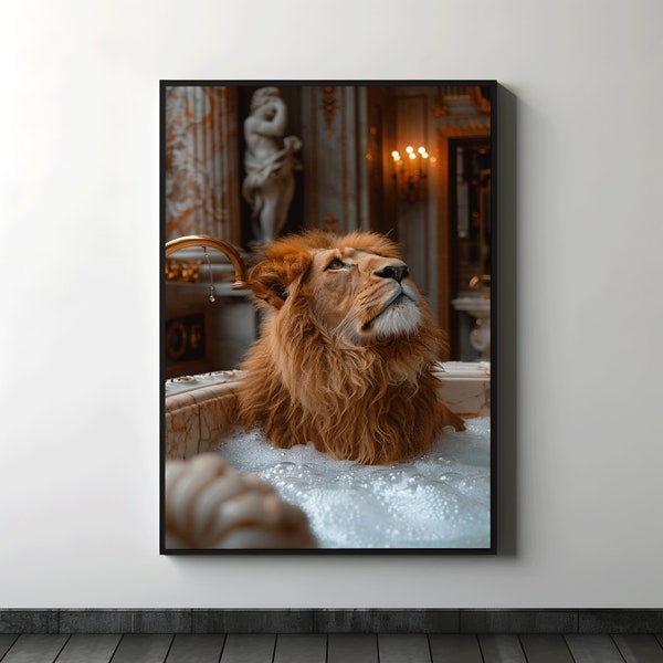 Washroom Decor Lion in a Tub Digital Download Lion Wearing a Crown Bubble Bath Lion Lion Shower Art Animal Art Safari Art 1080