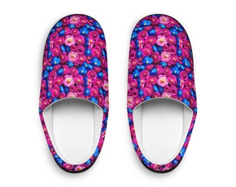 PRETTY PINK, BLUE Purple Floral Women's Indoor Slippers, Comfy & Cozy ! I Love brilliantly bold colored flowers! Unique, one of a kind!