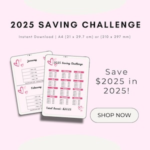 2025 Savings Challenge | Save 2025 in 2025 | Printable A4 Tracker | Pink Hearts|