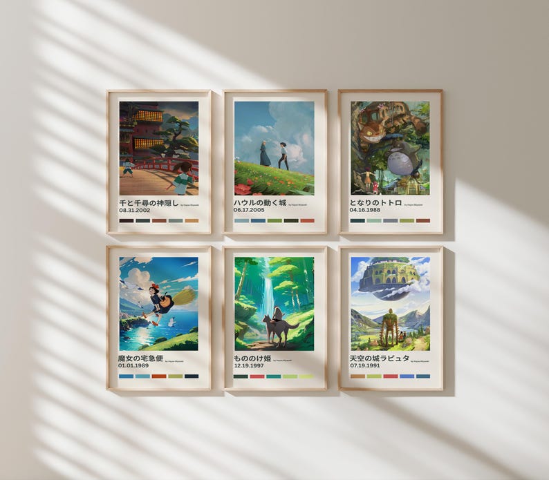 Studio Ghibli posters – Choose your print – Spirited Away, Totoro, Howl’s, Princess Mononoke, Kiki, Castle, Ghibli wall art Set of 6