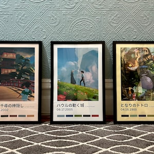 Juego de 3 pósteres de Studio Ghilbi, El viaje de Chihiro, El castillo ambulante, Mi vecino Totoro enmarcado, Hayao Miyazaki