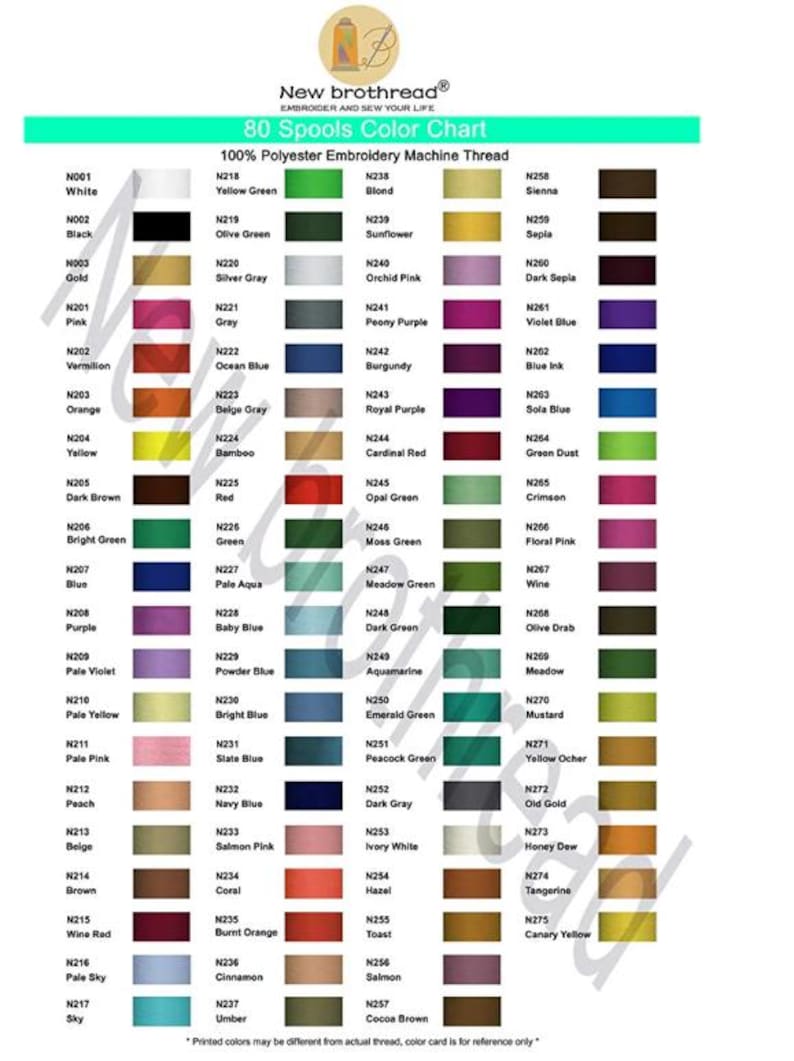 Peut inclure: Un nuancier pr&eacute;sentant 80 bobines de fil &agrave; broder en polyester 100 %. Le nuancier est organis&eacute; par couleur, chaque bobine &eacute;tant &eacute;tiquet&eacute;e avec un num&eacute;ro et un nom de couleur. Les couleurs vont du blanc au noir, avec de nombreuses nuances de rouge, bleu, vert et jaune.