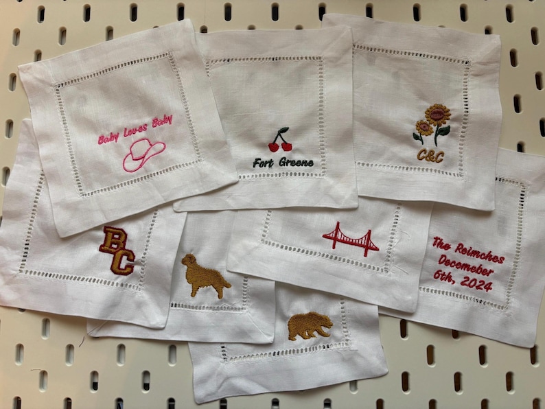 Serviette de table à cocktail en lin personnalisée : monogramme brodé, serviette de table pour boisson ajourée image 18