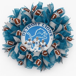 Wieniec z motywem futbolu amerykańskiego Detroit Lions – Dekoracje sportowe NFL, Wieniec na drzwi wejściowe Lions, Dekoracje do domu na mecz, Pomysł na prezent dla kibica Detroit Lions
