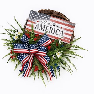 God Bless America Patriotic Wreath for Front Door, 4th of July Decor, American Flag Ribbon Wreath, Summer Grapevine Wreath