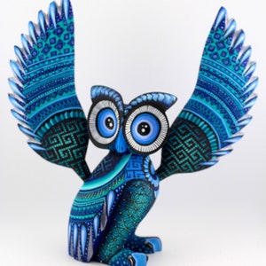Handmade Mesmerizing Wings Aqua Blue Owl Wooden Alebrije Figure, Traditional Oaxacan Art, Spirit Guardian Figure, Denomination of Origin 2
