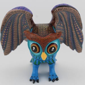 Circle of The Sun Owl Alebrije Wooden Sculpture Figure, Handmade Handpainted, Zapotec Symbology and Patterns, Traditional Mexican Wood Art