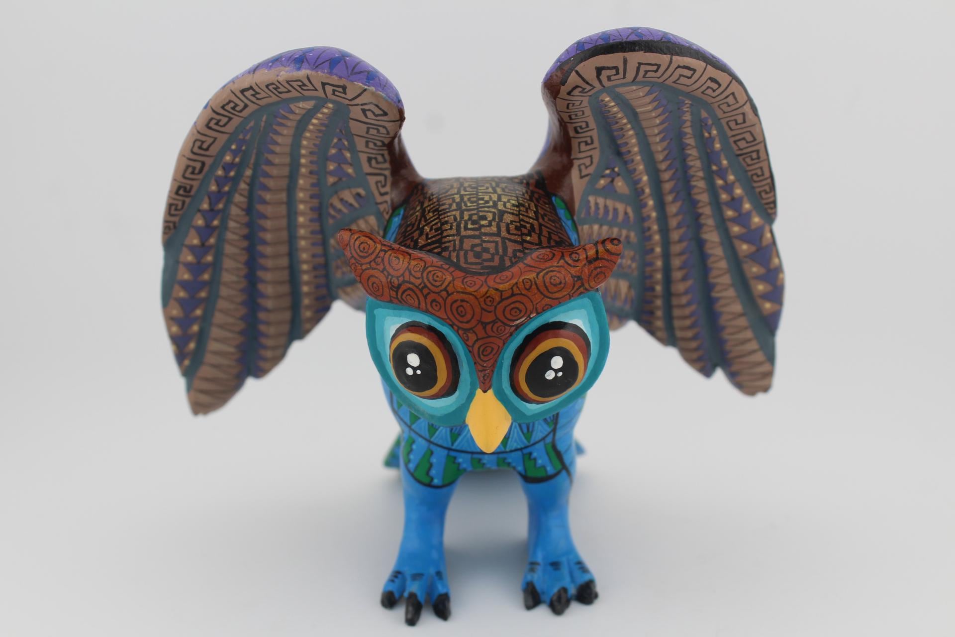 Circle of The Sun Owl Alebrije Wooden Sculpture Figure, Handmade Handpainted, Zapotec Symbology and 