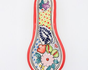 Vibrant Red Multicolor Talavera Spoon Rests, Traditional Floral Pattern, Mexican Handmade Art, Puebla Mexico Ceramic, Scratch Resistant
