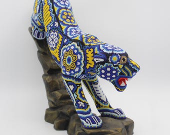 Jaguar Statue Huichol Sculpture of Mexican Folk Art, Panther