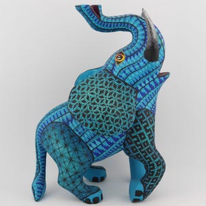 Blue Elephant Handmade Wooden Alebrije, Traditional Mexican Art, Zapotec Symbology and Design, Hand-carved Elegant Copal Wood Statue Figure