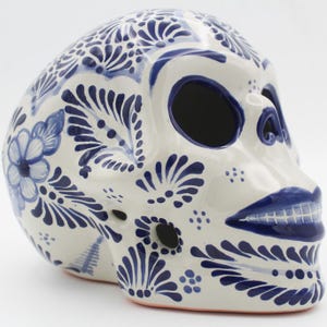 Handcrafted Classic Cobalt Blue Talavera Skull, Craneo Talavera, Home Decor, Feathered Design, Talavera Puebla, Handmade Mexican Art